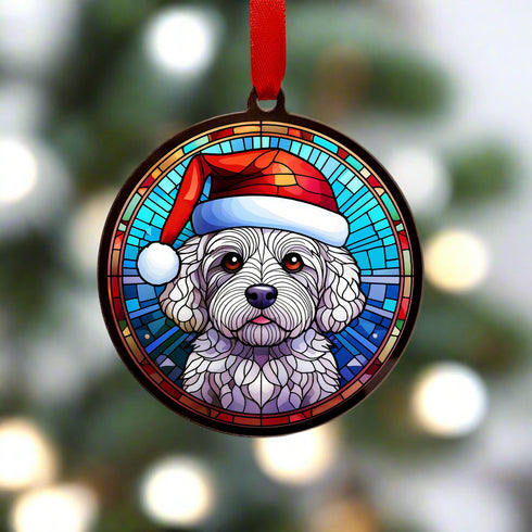 Bichon Frise in Santa Hat Suncatcher Decoration